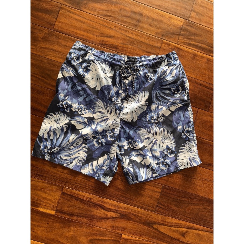 OP Ocean Pacific Men's Swim Trunks Blue Floral  Elastic Waist Drawstring L 36-38